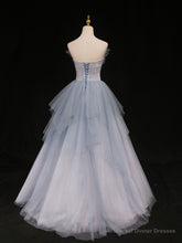 Blue Sweetheart Neck Tulle Long Prom Gown, Blue Long Formal Graduation Dress